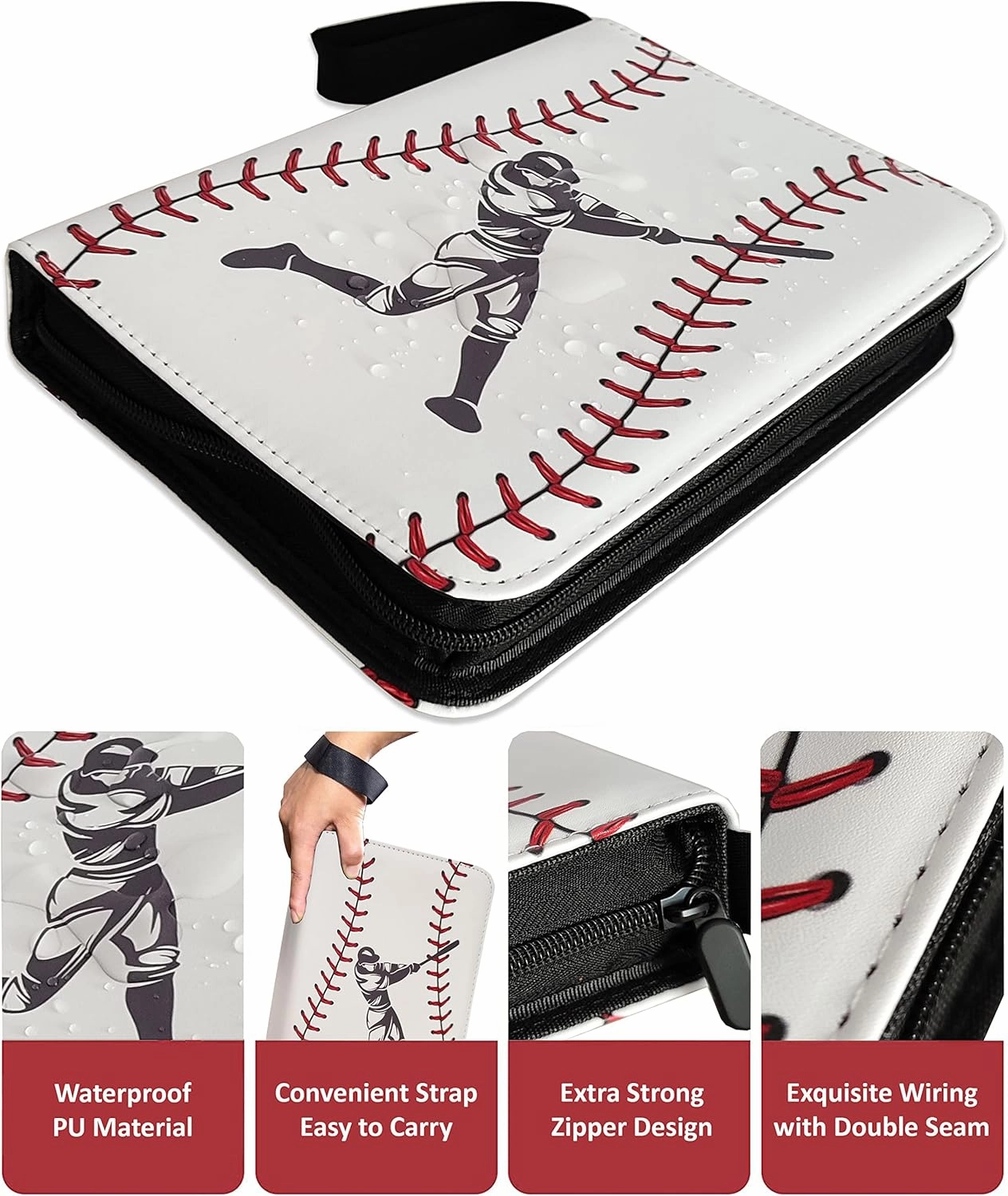 Baseball Card Binder 440 Pockets, 55 Sleeves Small Baseball Binder 3 Ring Zipper Trading Cards Holder 4 Pocket, Mini Sport Collection Book Storage Organizer, Album Folder Case Photocard Protector Gift