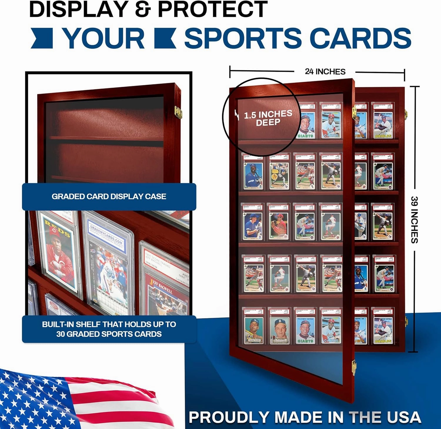 Baseball Card Display Case - 35 Graded Sports Card Display Frame Lockable - PSA Graded Card Case with UV Protection - Pokemon Card Display for Football & Basketball