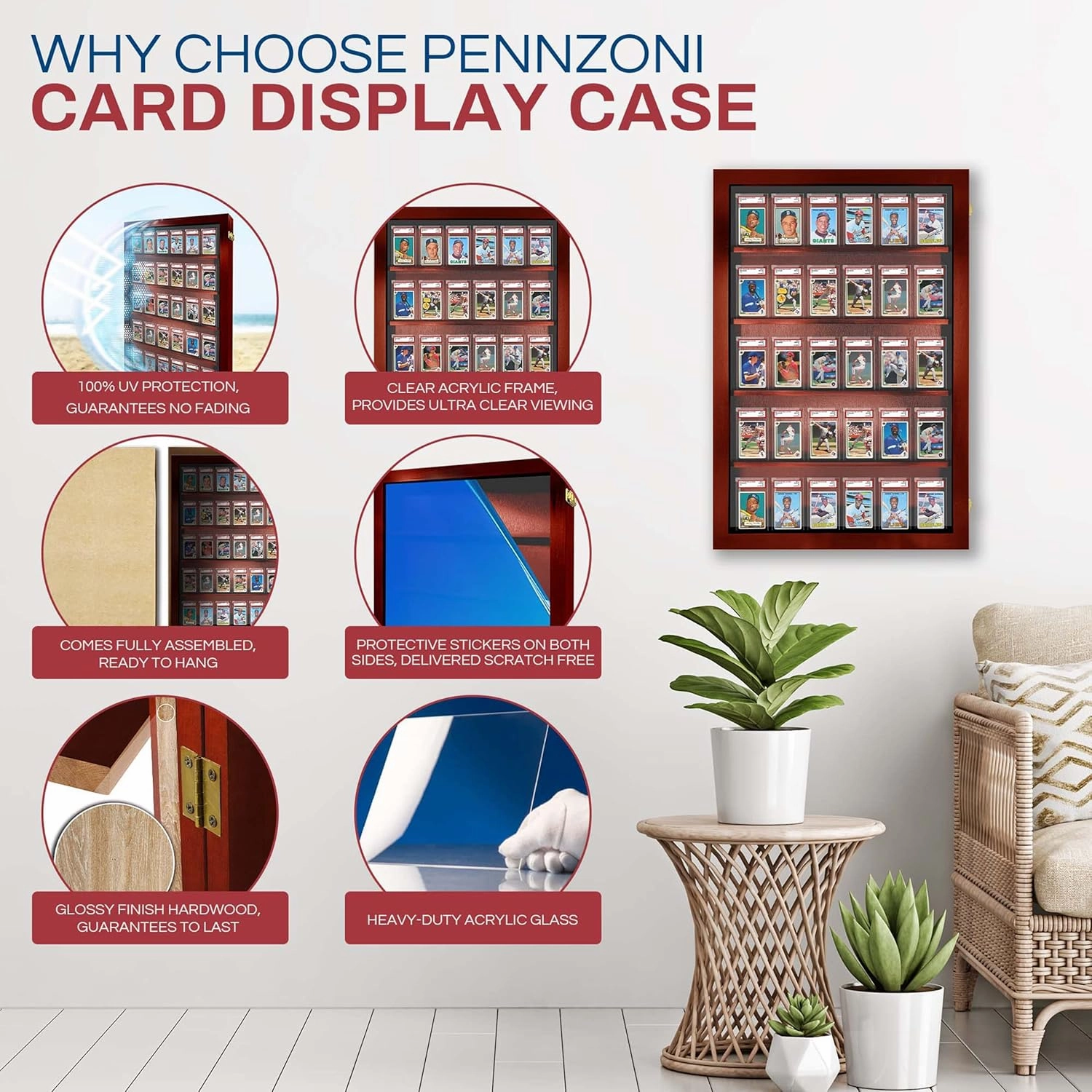 Baseball Card Display Case - 35 Graded Sports Card Display Frame Lockable - PSA Graded Card Case with UV Protection - Pokemon Card Display for Football & Basketball
