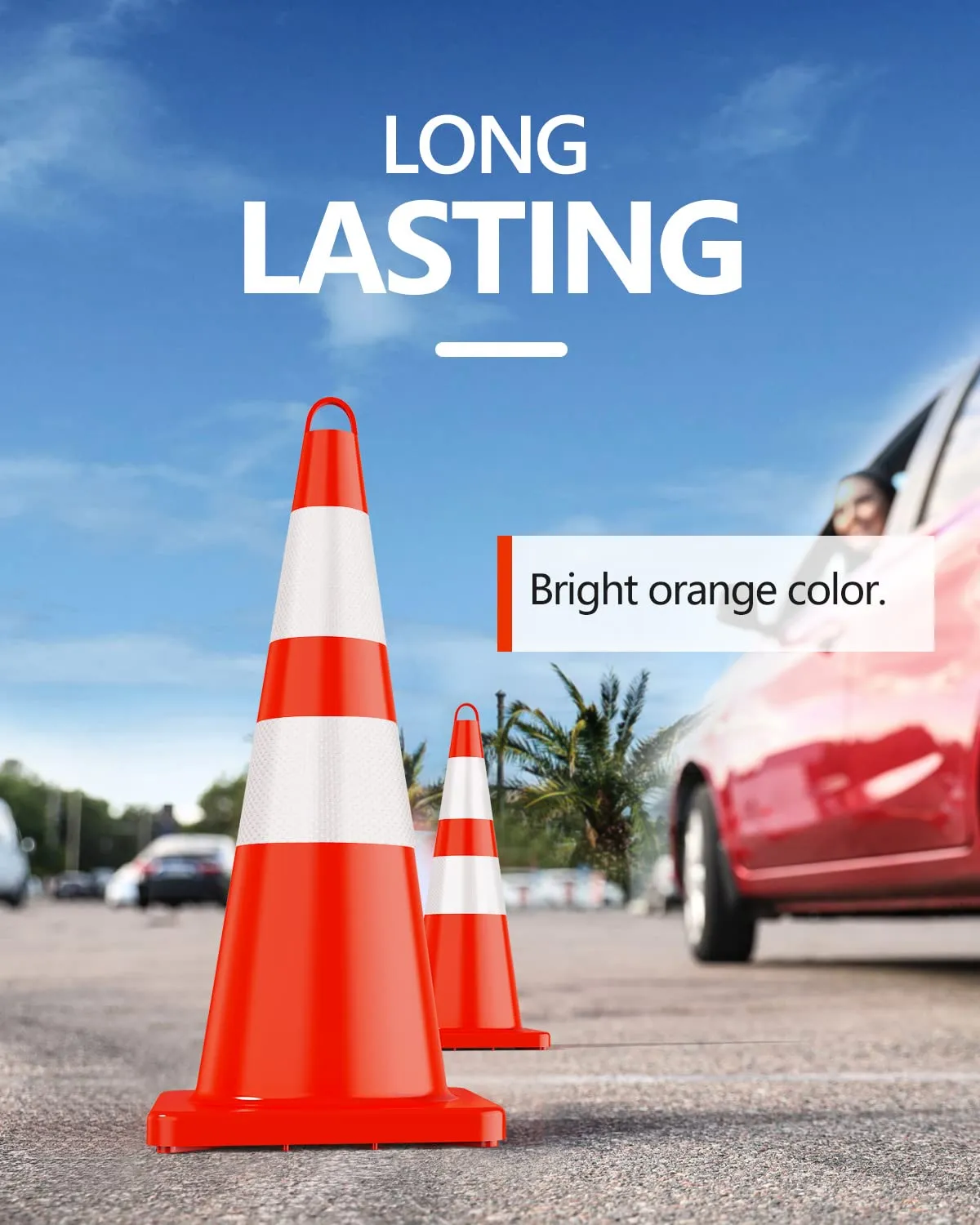 BATTIFE 28 Inch Traffic Safety Cones 6 pcs with Reflective Collars, PVC Orange Construction Cones for Home Road Parking Use