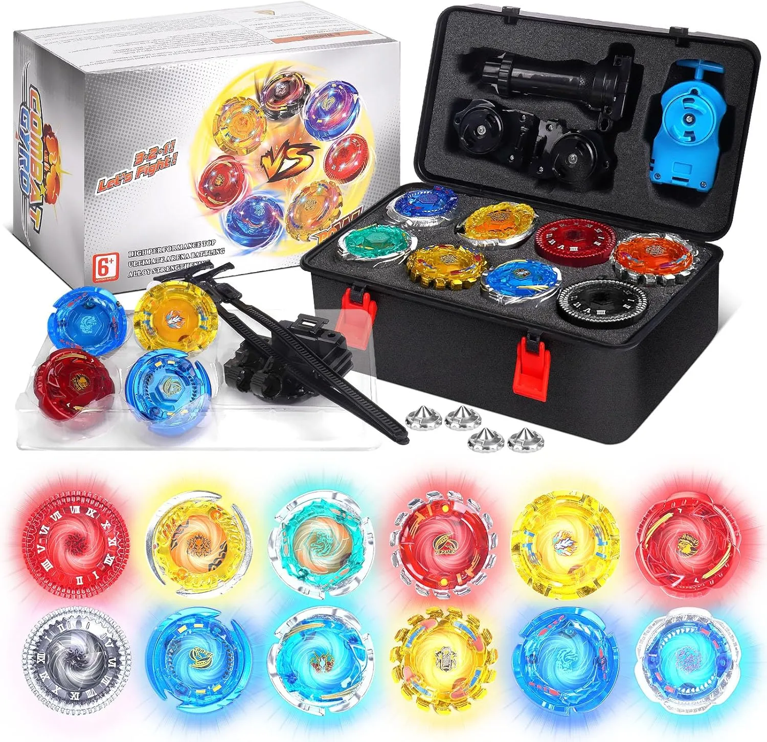 Battle Set with Portable Box, 12 Light Ignite Spinning Tops, 2 Launchers and 1 Girp, Metal Fusion Type, Birthday Gift Boys Toy for 6  Year Old