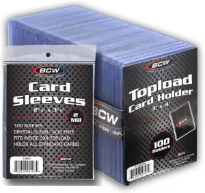 BCW 3x4 Topload Card Holders and Card Sleeves Combo | 100 Clear Plastic Toploaders and 100 Soft Card Sleeves | Protect, Store, and Display Trading Cards | Durable Card Storage Box for Collectors
