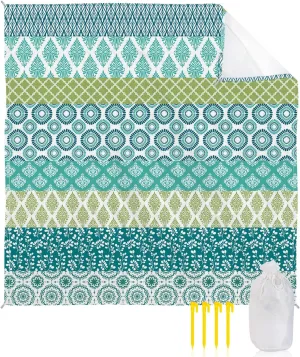 Beach Blanket, Bohemian Green Teal Turquoise Geometric Stripe Sandproof Waterproof Outdoor Mat Quick Drying Beach Accessories for Vacation Holiday Picnic Camping, 79"x83" for 1-4 Adults