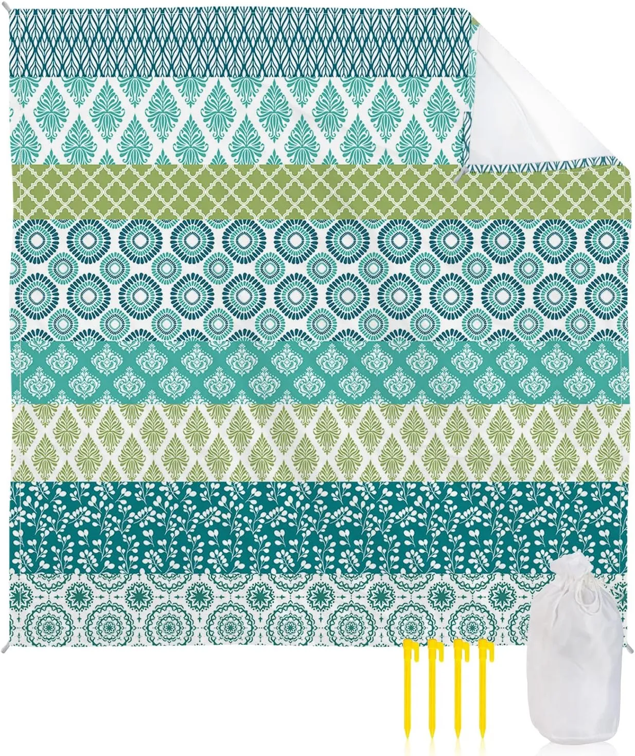 Beach Blanket, Bohemian Green Teal Turquoise Geometric Stripe Sandproof Waterproof Outdoor Mat Quick Drying Beach Accessories for Vacation Holiday Picnic Camping, 79"x83" for 1-4 Adults
