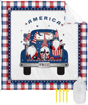 Beach Blanket, Independence Day American Flag Truck Gnomes Sandproof Waterproof Outdoor Mat Quick Drying Beach Accessories for Vacation Holiday Picnic Camping, 79"x83" for 1-4 Adults