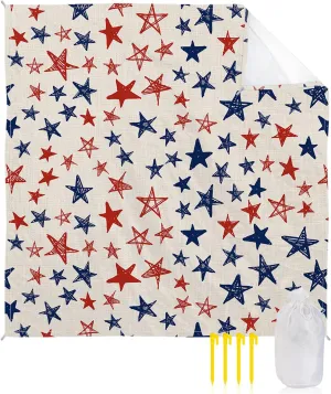 Beach Blanket, July 4th Blue and Red Stars Independence Day Sandproof Waterproof Outdoor Mat Quick Drying Beach Accessories for Vacation Holiday Picnic Camping, 79"x83" for 1-4 Adults