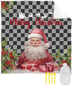 Beach Blanket, Merry Christmas Pink Santa Claus Black Striped Plaid Sandproof Waterproof Outdoor Mat Quick Drying Beach Accessories for Vacation Holiday Picnic Camping, 79"x83" for 1-4 Adults