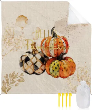 Beach Blanket, Plaid Pumpkin Gold Leaves Fall Thanksgiving Vintage Sandproof Waterproof Outdoor Mat Quick Drying Beach Accessories for Vacation Holiday Picnic Camping, 79"x83" for 1-4 Adults