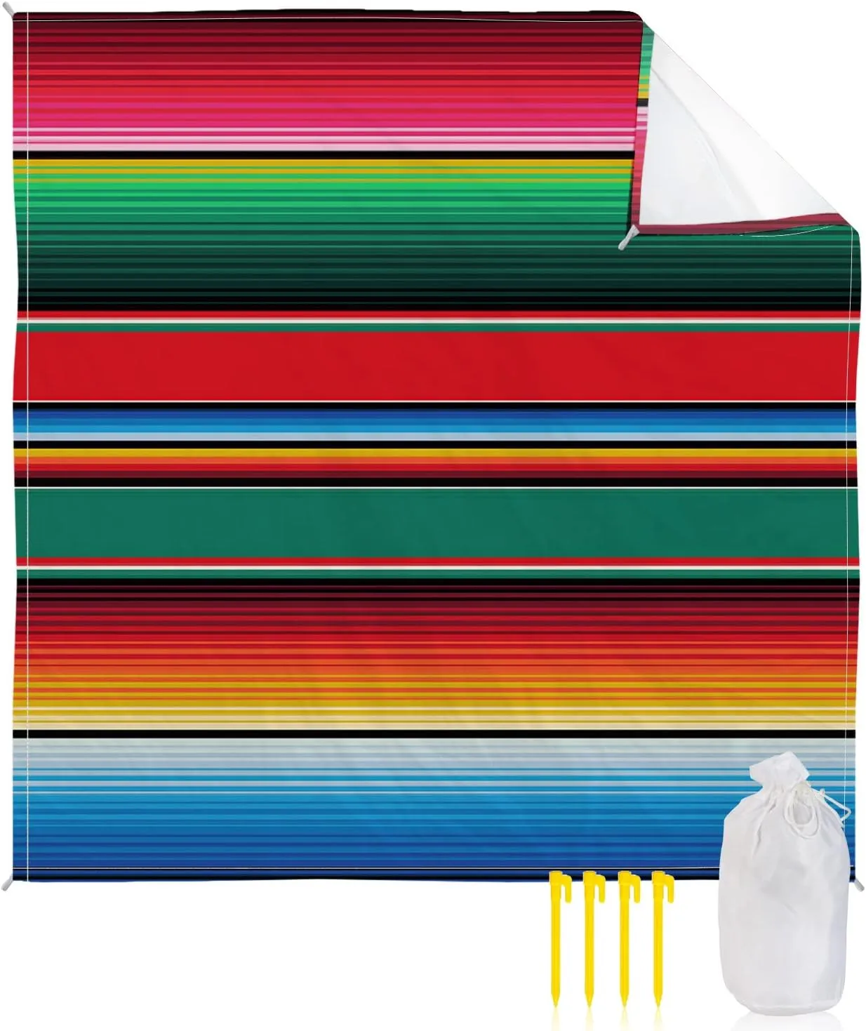 Beach Blanket, Red Blue Green Maxico Stripes Sandproof Waterproof Outdoor Mat Quick Drying Beach Accessories for Vacation Holiday Picnic Camping, 79"x83" for 1-4 Adults
