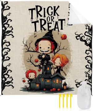 Beach Blanket, Trick Or Treat Branches Wooden House Halloween Sandproof Waterproof Outdoor Mat Quick Drying Beach Accessories for Vacation Holiday Picnic Camping, 79"x83" for 1-4 Adults