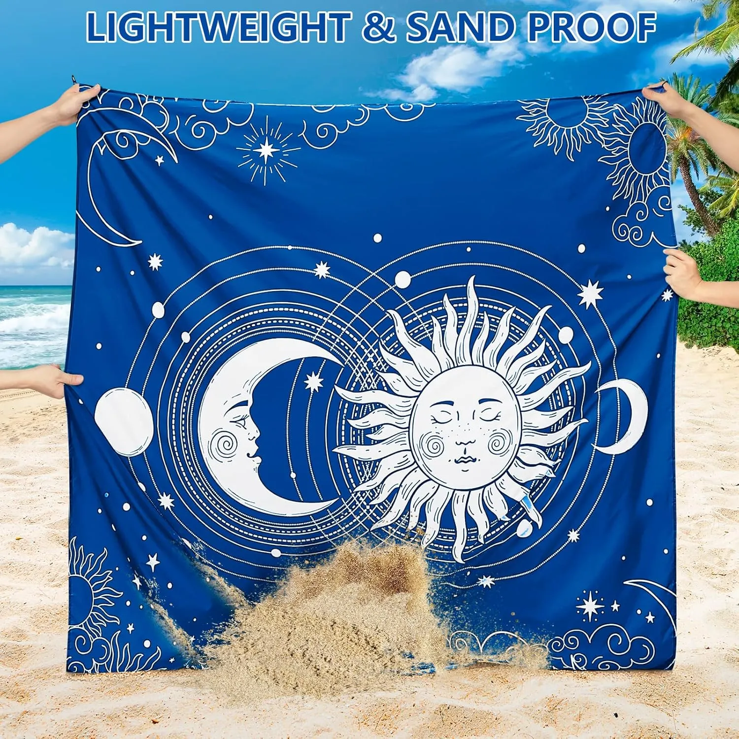 Beach Blanket, Wateresistant Sandproof Sand Free Beach Mat with Corner Pockets Portable Bag for Beach Festival,Picnic,Travel and Outdoor Camping Activties (BL-SUNMOON, 79"×83"(4 Person))