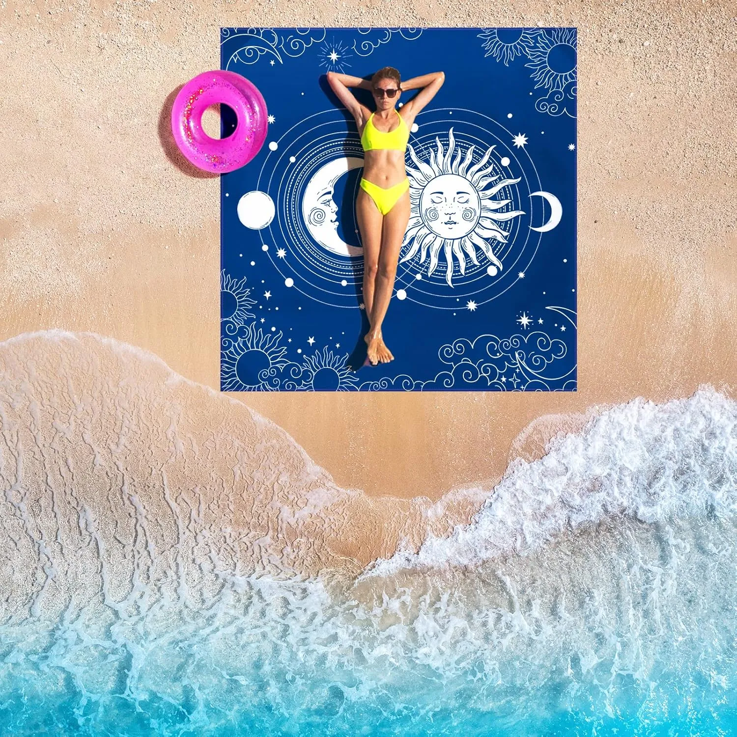 Beach Blanket, Wateresistant Sandproof Sand Free Beach Mat with Corner Pockets Portable Bag for Beach Festival,Picnic,Travel and Outdoor Camping Activties (BL-SUNMOON, 79"×83"(4 Person))