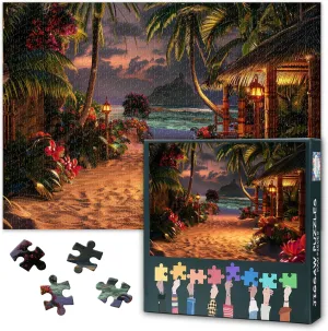Beach Puzzles for Adults 1000 Pieces, Beautiful Tropical Beach with Palm Trees and Bungalows at Sunset Jigsaw Puzzles, Difficult Impossible Challenging Puzzle, 19.5 x 27.5 Inch