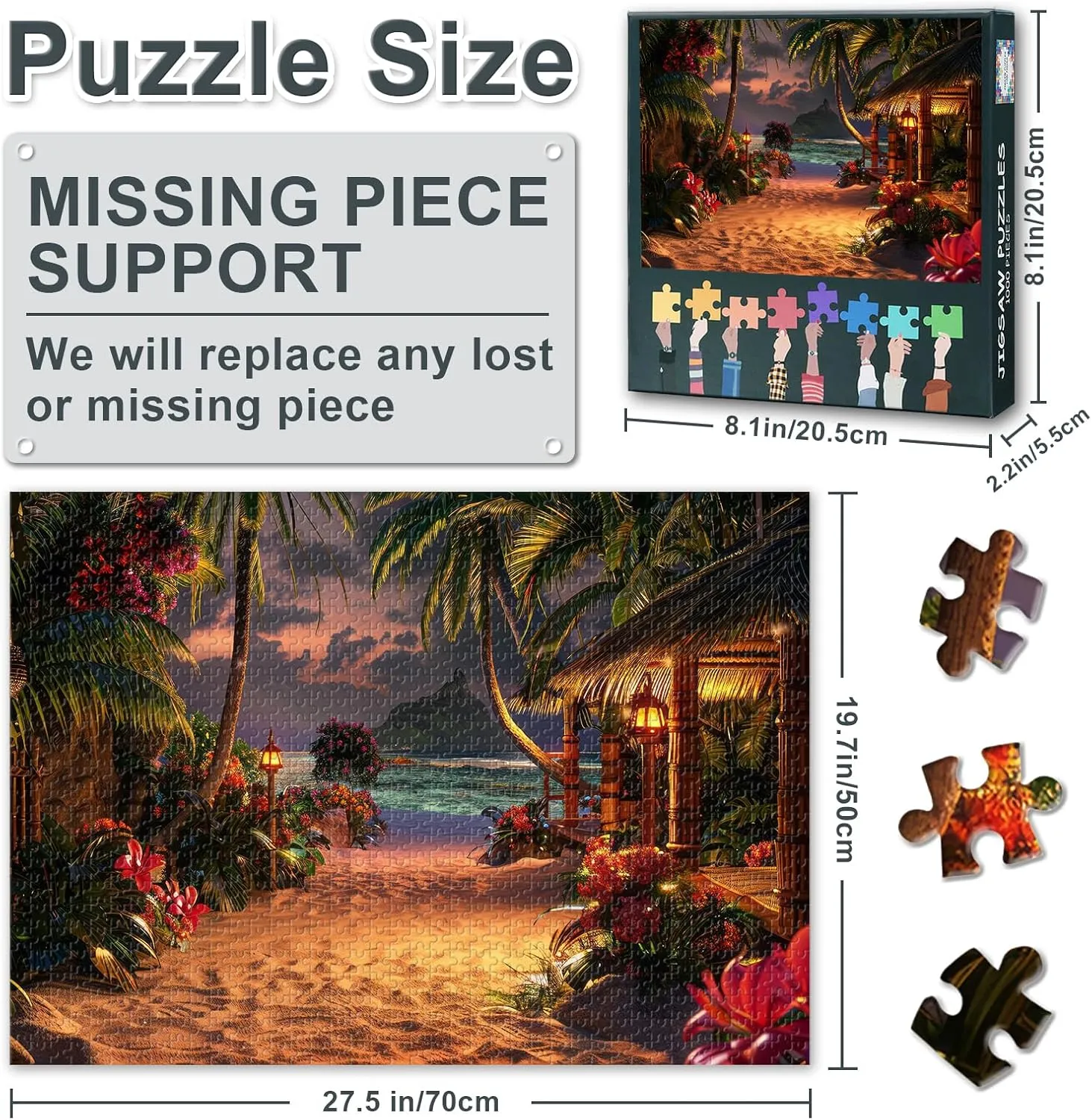 Beach Puzzles for Adults 1000 Pieces, Beautiful Tropical Beach with Palm Trees and Bungalows at Sunset Jigsaw Puzzles, Difficult Impossible Challenging Puzzle, 19.5 x 27.5 Inch