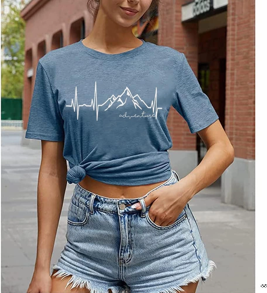 Beach Heartbeat T Shirt for Women Love Heart Graphic Tees Print Shirts Short Sleeve Casual Summer Vacation Tee Tops