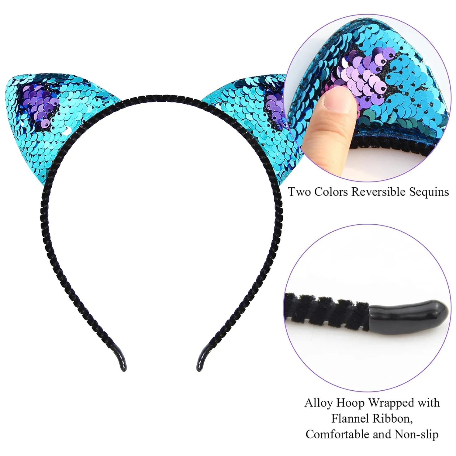 Beinou Reversible Sequin Cat Ears Headband Shiny Cat Ear Hair Hoops Cute Bling Hairband Hair Accessories for Women Girl
