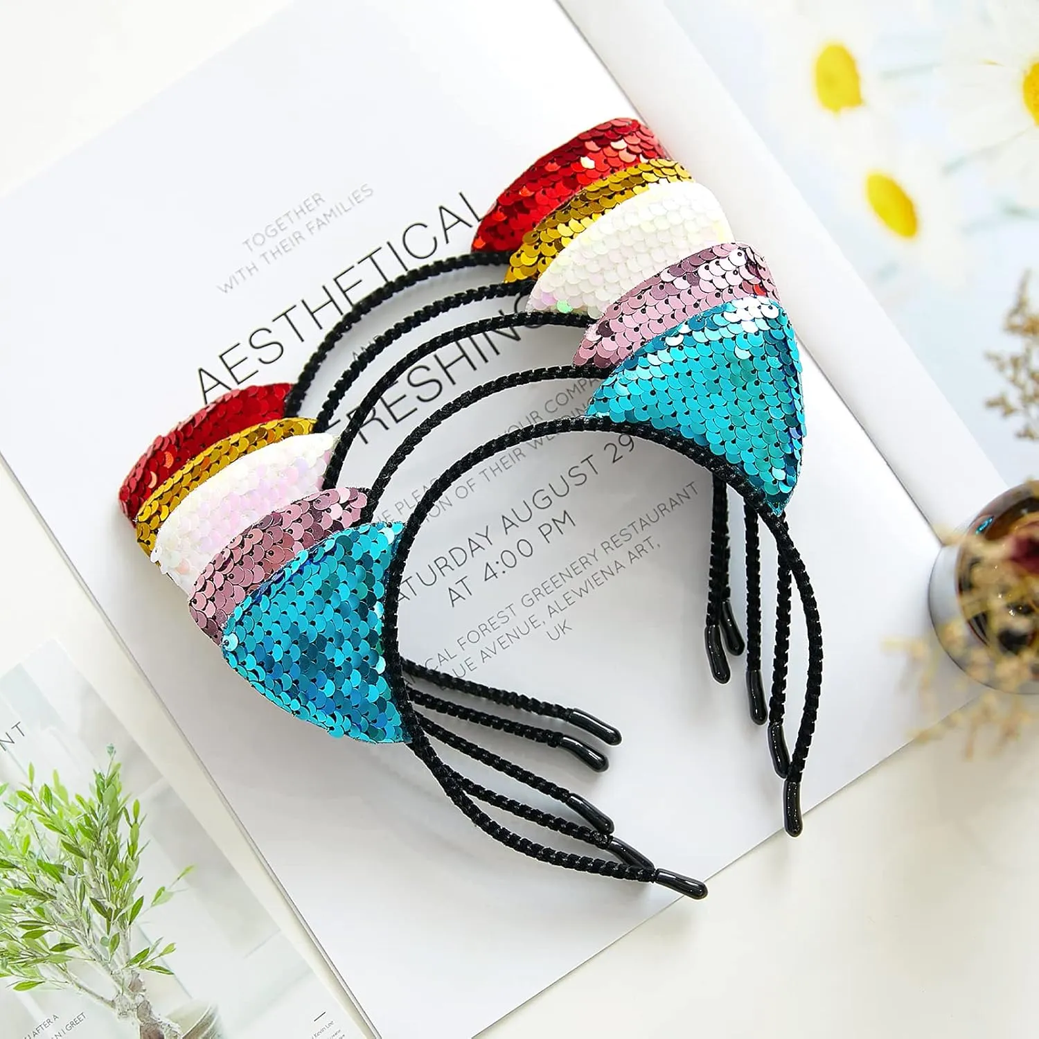 Beinou Reversible Sequin Cat Ears Headband Shiny Cat Ear Hair Hoops Cute Bling Hairband Hair Accessories for Women Girl