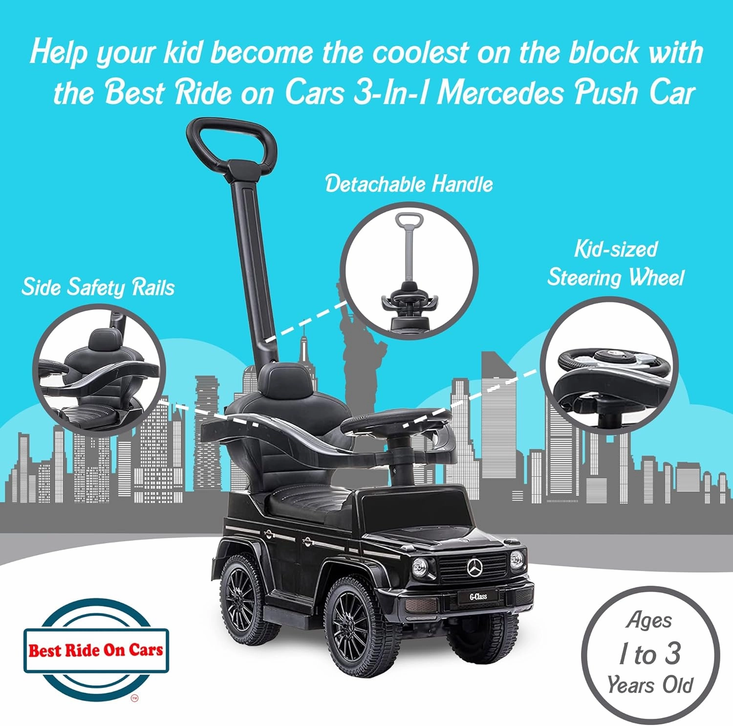 Best Ride On Cars 3 In 1 Mercedes G-Wagon Push Car for Toddlers 1 to 3 Years Old, Kids Outdoor Stroller with Music, Horn Sounds, and Handle, Realistic Driving Experience, Black