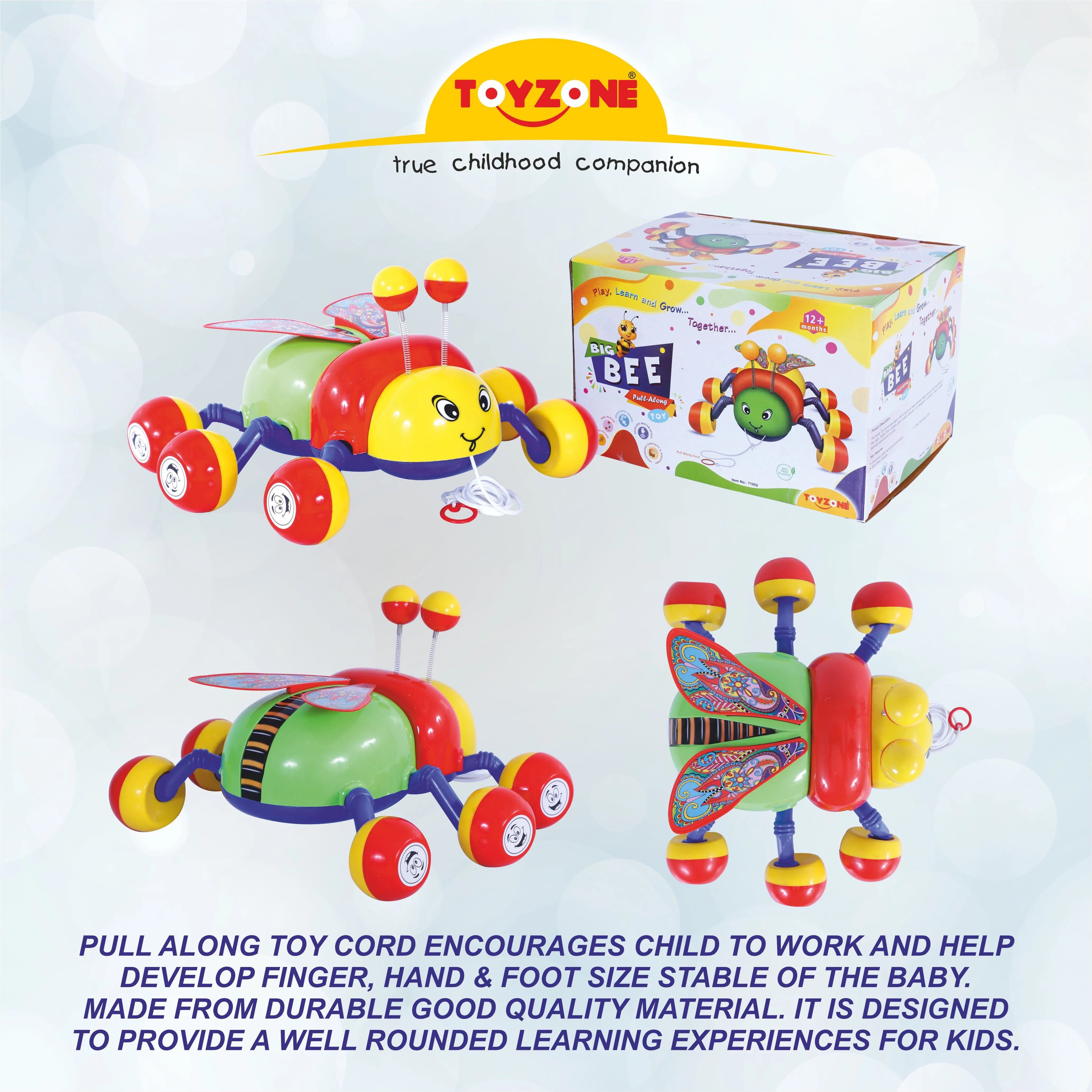 Big Bee Pull Along | Interactive pull toy | Toy for walking babies Toddler | Movement toy | Early learning  Pull toy | Toddler activity toy | For age 12  Months