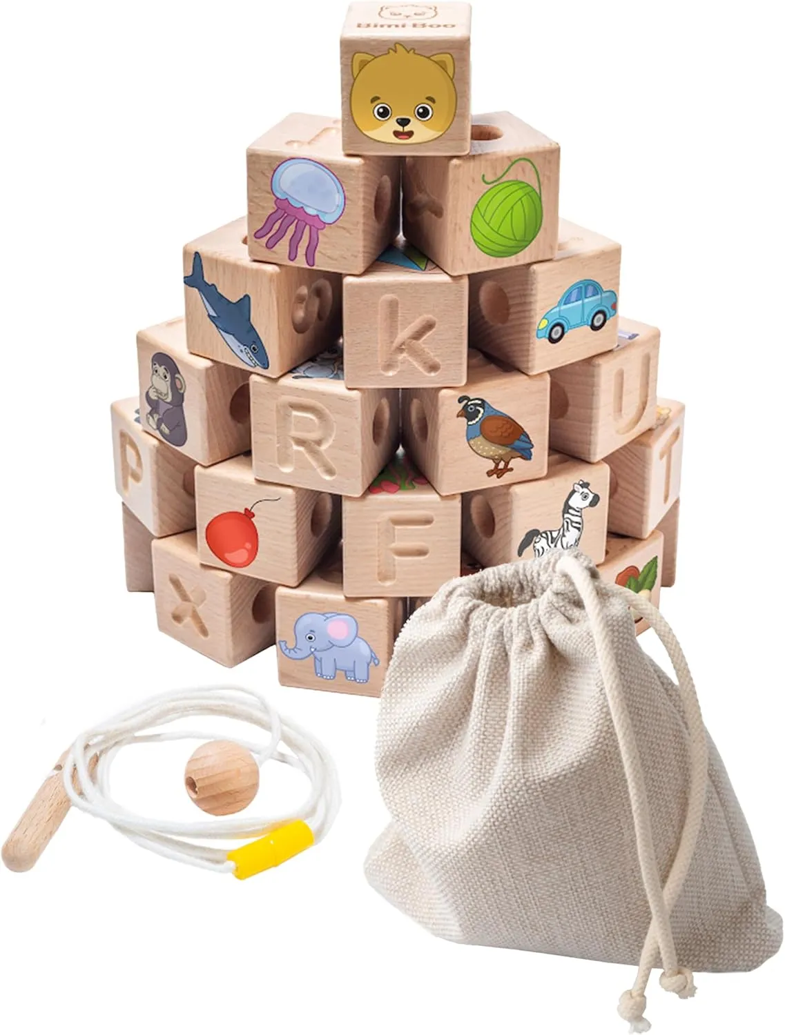 Bimi Boo Large Wooden Alphabet Lacing Beads for Toddlers - ABC Fine Motor Threading Toy with Objects & Animals (26 Stringing Blocks, 2 Ropes, Cotton Bag)