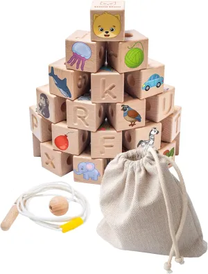 Bimi Boo Large Wooden Alphabet Lacing Beads for Toddlers - ABC Fine Motor Threading Toy with Objects & Animals (26 Stringing Blocks, 2 Ropes, Cotton Bag)