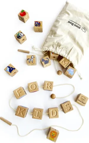 Bimi Boo Wooden Lacing Beads for Toddlers - ABC Fine Motor Threading Alphabet Toy with Objects & Animals (26 Large Stringing Blocks, 2 Ropes, Cotton Bag)
