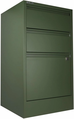 Bisley 3-Drawer Flush Front Vertical File Cabinet - Olive Green, 2 Utility Drawers   1 Hanging File Drawer, Powder-Coated Steel, Locking Bottom Drawer