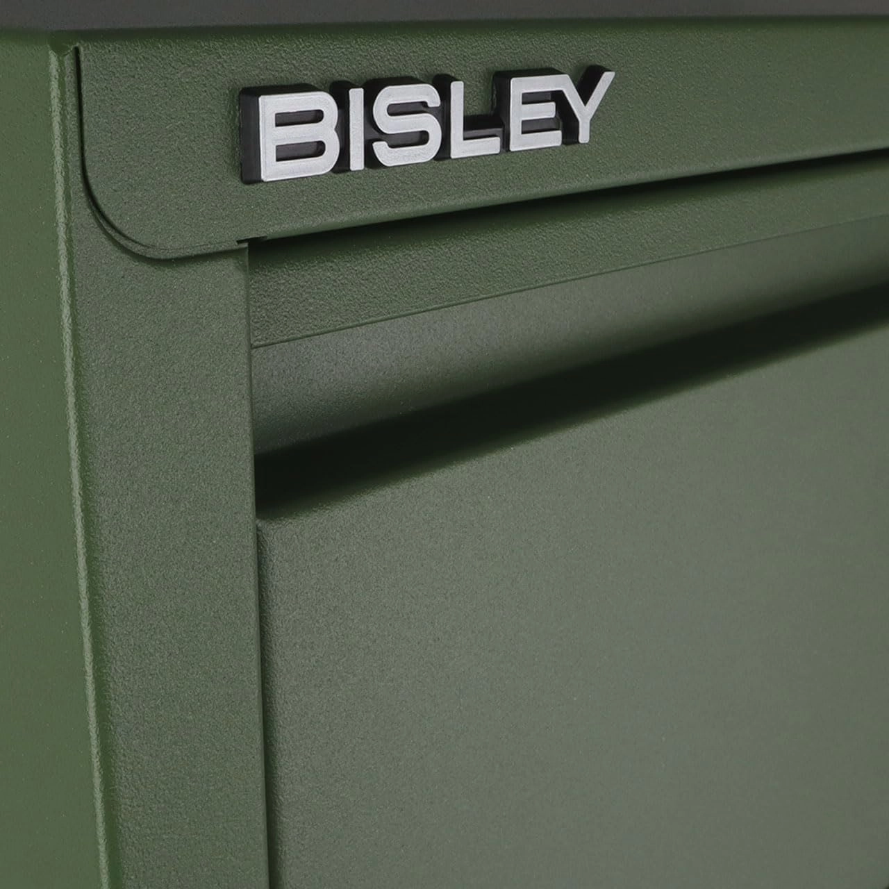 Bisley 3-Drawer Flush Front Vertical File Cabinet - Olive Green, 2 Utility Drawers   1 Hanging File Drawer, Powder-Coated Steel, Locking Bottom Drawer