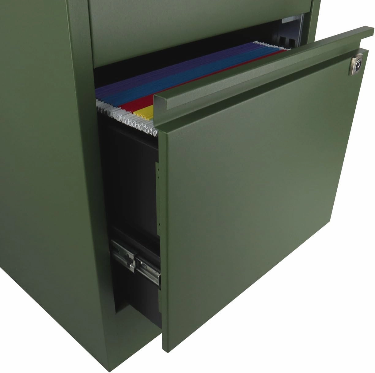 Bisley 3-Drawer Flush Front Vertical File Cabinet - Olive Green, 2 Utility Drawers   1 Hanging File Drawer, Powder-Coated Steel, Locking Bottom Drawer