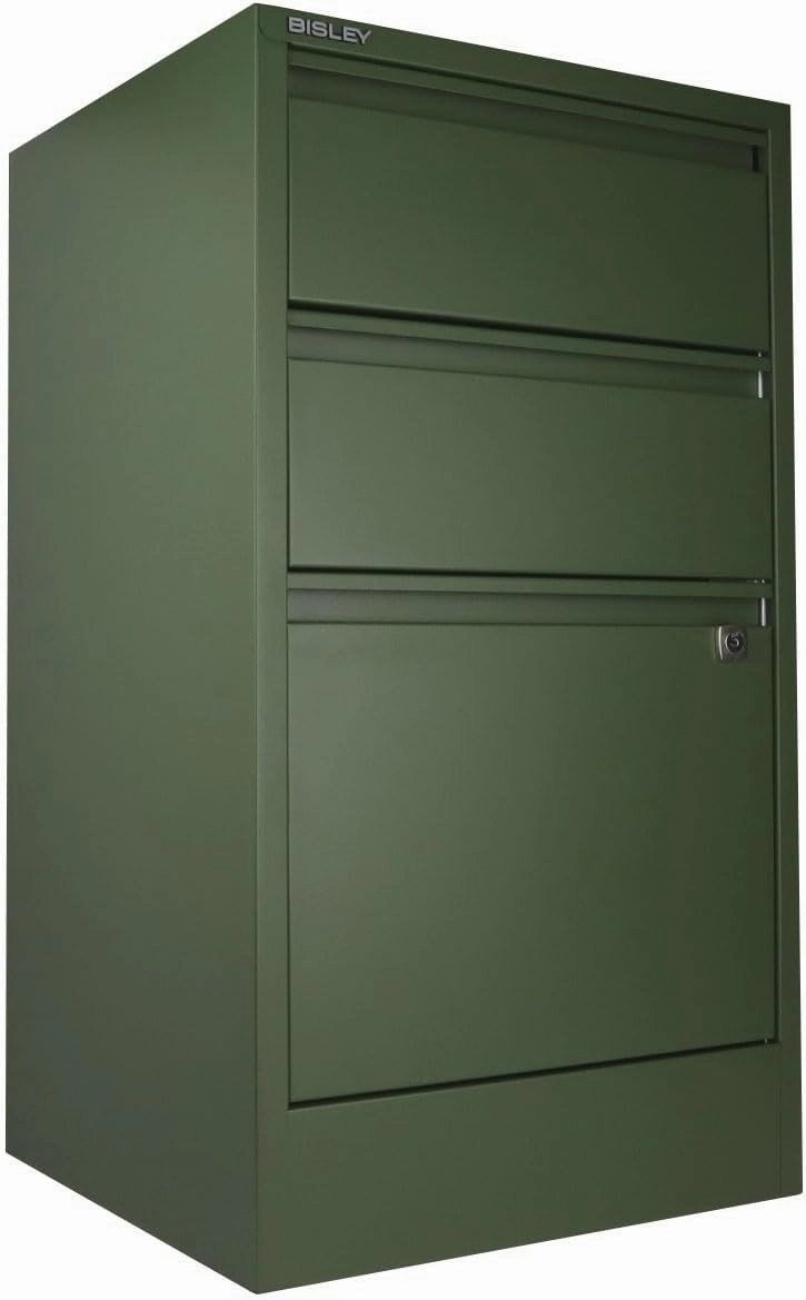 Bisley 3-Drawer Flush Front Vertical File Cabinet - Olive Green, 2 Utility Drawers   1 Hanging File Drawer, Powder-Coated Steel, Locking Bottom Drawer