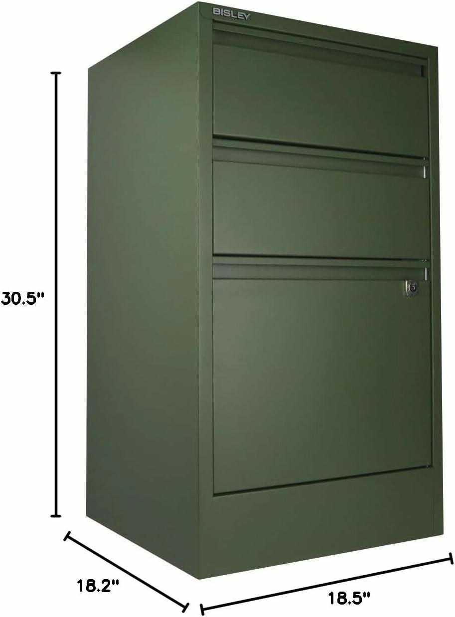 Bisley 3-Drawer Flush Front Vertical File Cabinet - Olive Green, 2 Utility Drawers   1 Hanging File Drawer, Powder-Coated Steel, Locking Bottom Drawer