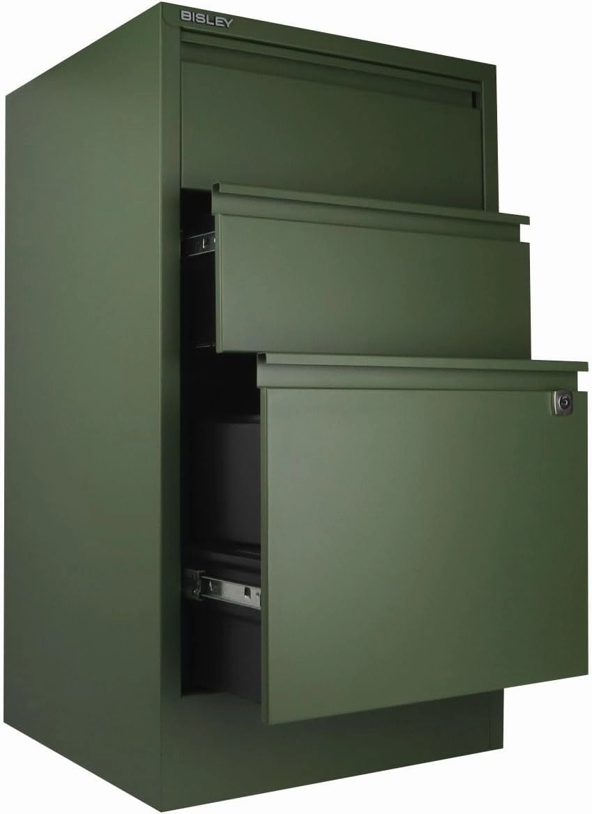 Bisley 3-Drawer Flush Front Vertical File Cabinet - Olive Green, 2 Utility Drawers   1 Hanging File Drawer, Powder-Coated Steel, Locking Bottom Drawer