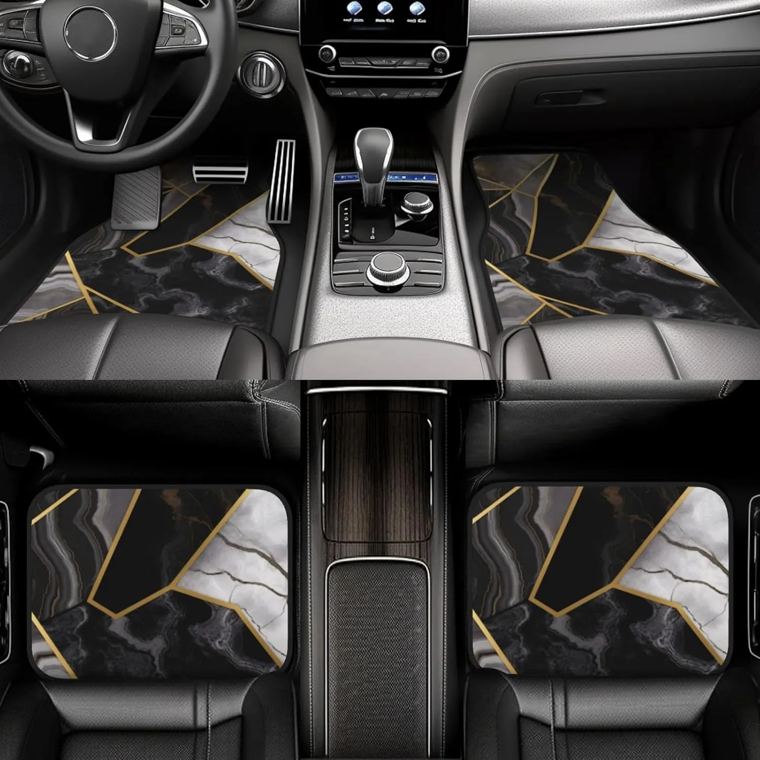 Black Marble Texture Gold Universal Car Floor Mats, Car Foot Mat Set of 4 Pieces, Automotive Front Rear Floor Foot Mats, Anti-Slip Neoprene Car Floor Rugs,for Suvs, Sedans, Van, Trucks