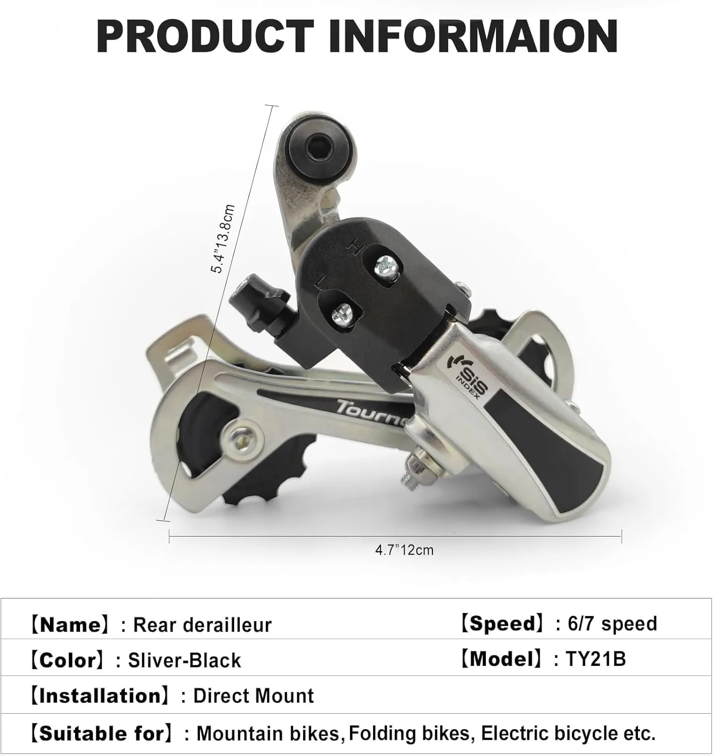Black/Sliver Rear Derailleur RD-TY21B 6/7 Speed Direct Mount/Hanger Mount for Mountain Bike Kids Commuter Bike