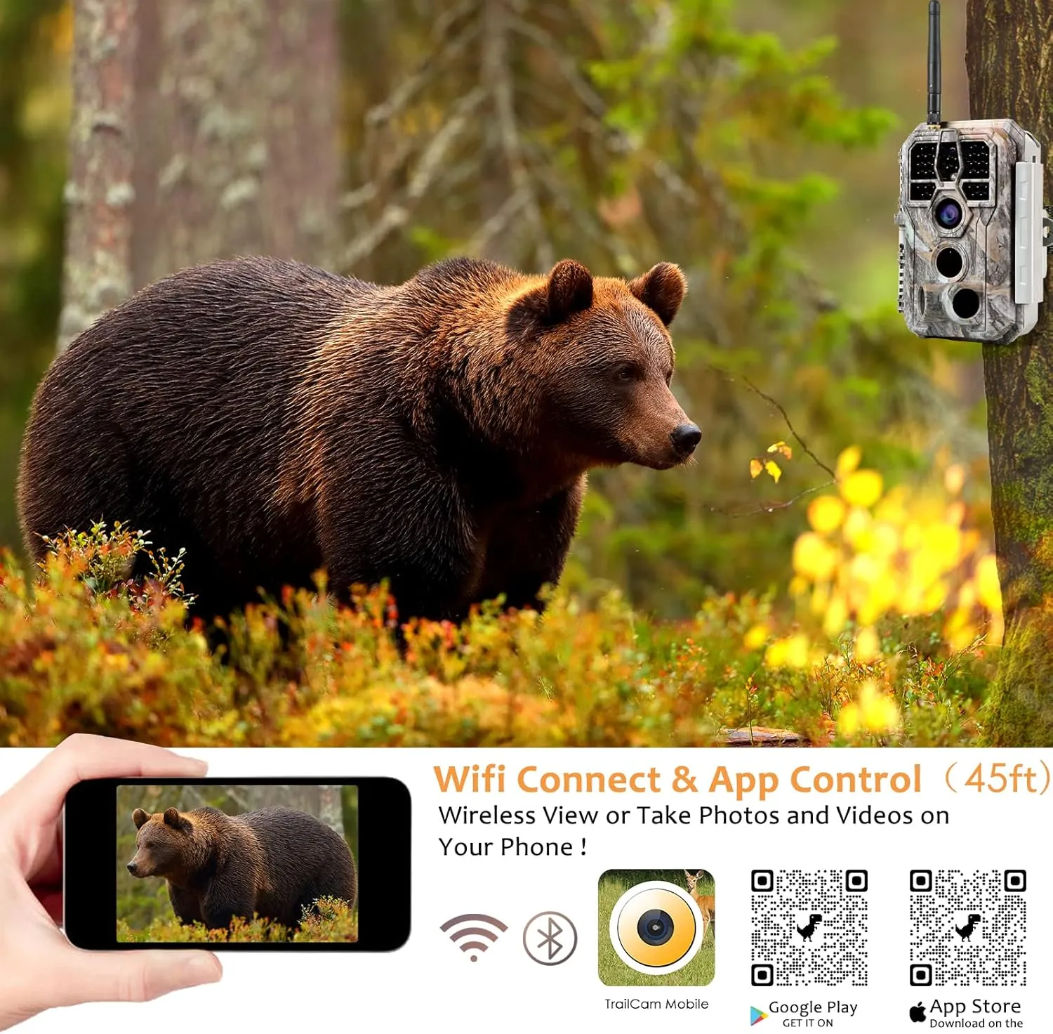 BLAZEVIDEO WiFi Game & Trail Camera 32MP 1296P, Night Vision 0.1s Trigger Time Waterproof IP66 Motion Activated, App Controll Send Picture to Cell Phone for Hunting Wildlife, Home Surveillance