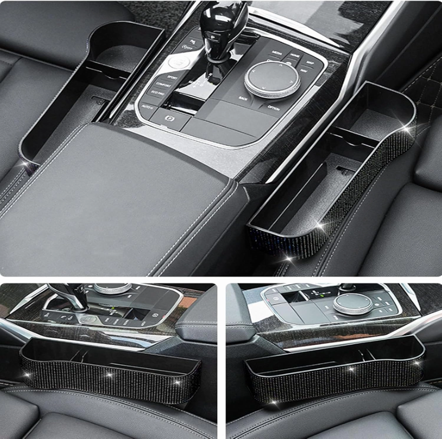 Bling Bling Car Seat Gap Filler, Car Seat Console Pockets Organizer Caddy Catcher, Crystal Auto Console Side Pouchs for Cellphone Wallet Coin Key Credit Card (Driver side & Passenger side-Black)