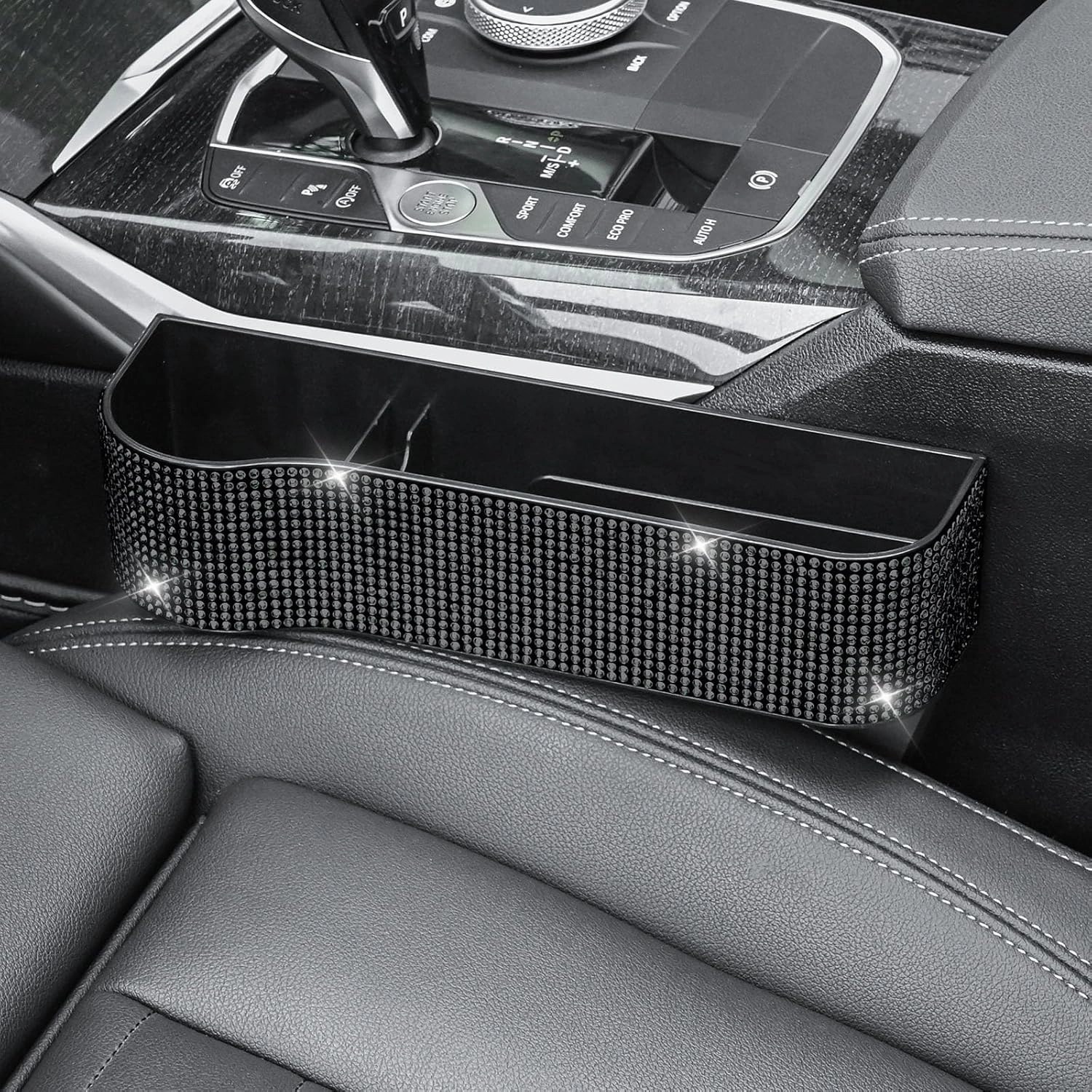 Bling Bling Car Seat Gap Filler, Car Seat Console Pockets Organizer Caddy Catcher, Crystal Auto Console Side Pouchs for Cellphone Wallet Coin Key Credit Card (Driver side & Passenger side-Black)