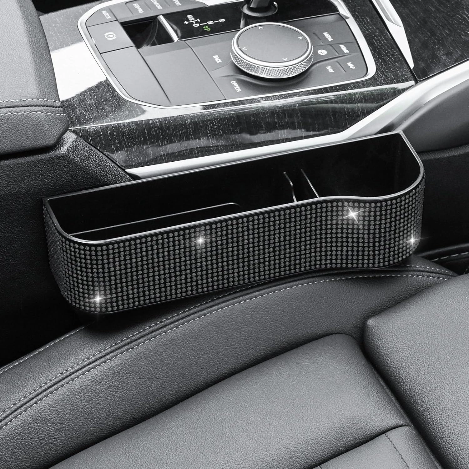 Bling Bling Car Seat Gap Filler, Car Seat Console Pockets Organizer Caddy Catcher, Crystal Auto Console Side Pouchs for Cellphone Wallet Coin Key Credit Card (Driver side & Passenger side-Black)