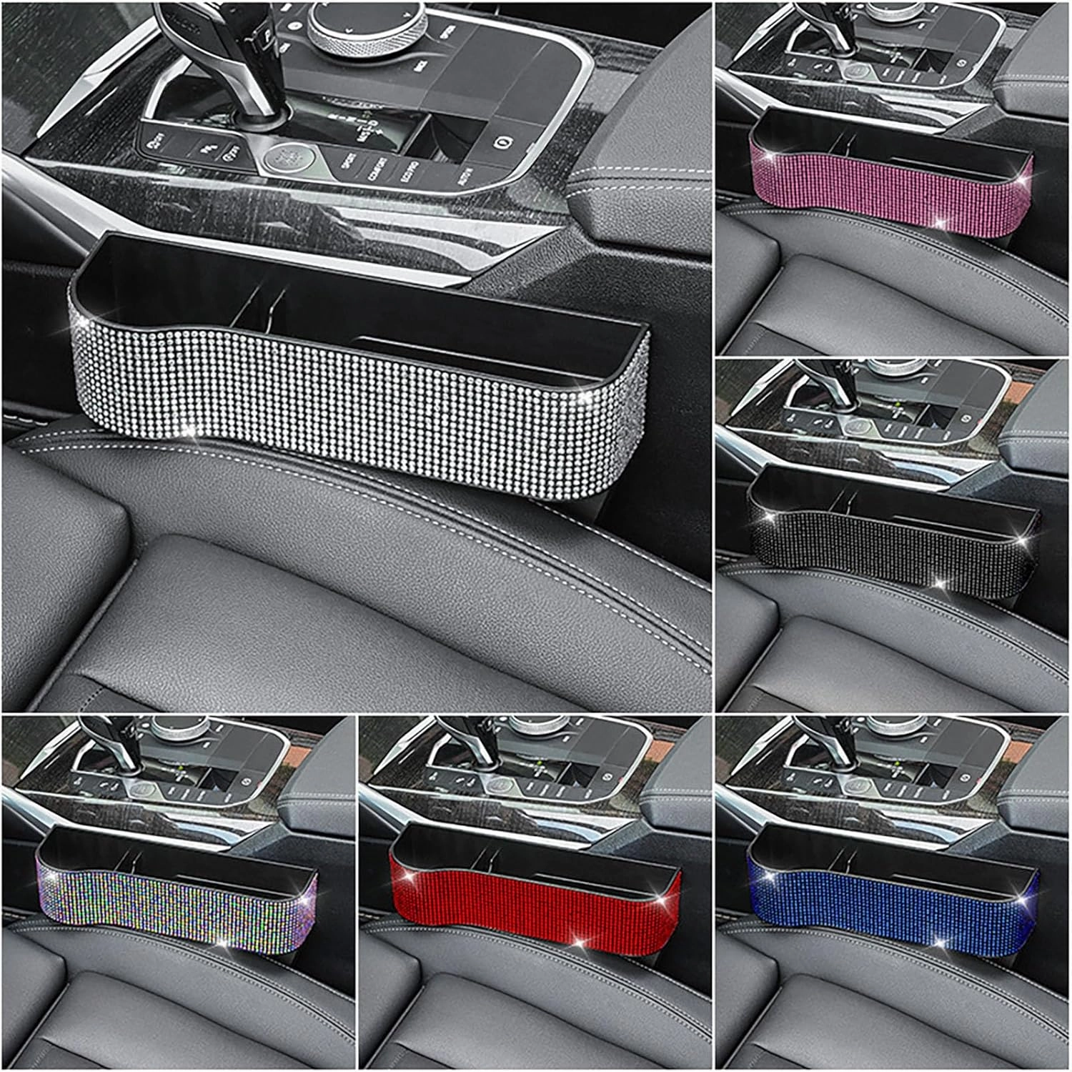 Bling Bling Car Seat Gap Filler, Car Seat Console Pockets Organizer Caddy Catcher, Crystal Auto Console Side Pouchs for Cellphone Wallet Coin Key Credit Card (Driver side & Passenger side-Black)