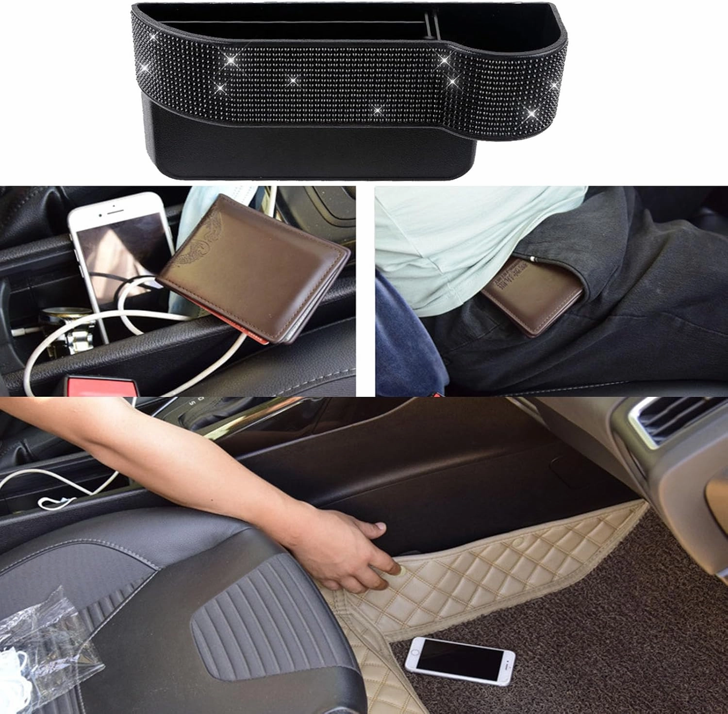 Bling Bling Car Seat Gap Filler, Car Seat Console Pockets Organizer Caddy Catcher, Crystal Auto Console Side Pouchs for Cellphone Wallet Coin Key Credit Card (Driver side & Passenger side-Black)