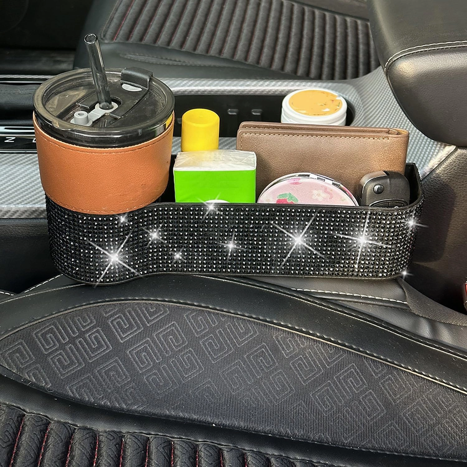 Bling Bling Car Seat Gap Filler, Car Seat Console Pockets Organizer Caddy Catcher, Crystal Auto Console Side Pouchs for Cellphone Wallet Coin Key Credit Card (Driver side & Passenger side-Black)