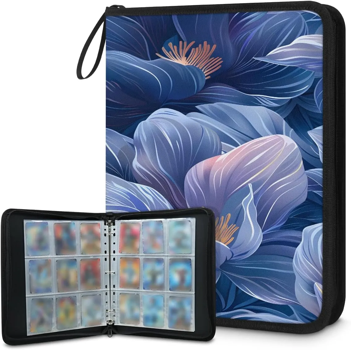 Blue Flowers 3 Ring Trading Zipper Binder Strap, Trading Card Binder 4 Pocket, 400 Pockets Card Holder with 50 Removable Sleeves for Game Cards