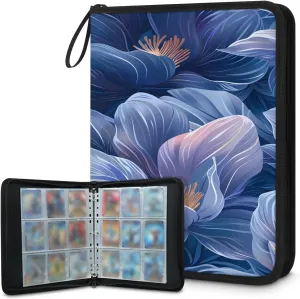 Blue Flowers 3 Ring Trading Zipper Binder Strap, Trading Card Binder 4 Pocket, 400 Pockets Card Holder with 50 Removable Sleeves for Game Cards
