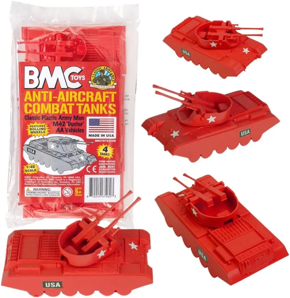 BMC Classic Payton Anti-Aircraft Tanks - 4pc Red Plastic Army Men Vehicles