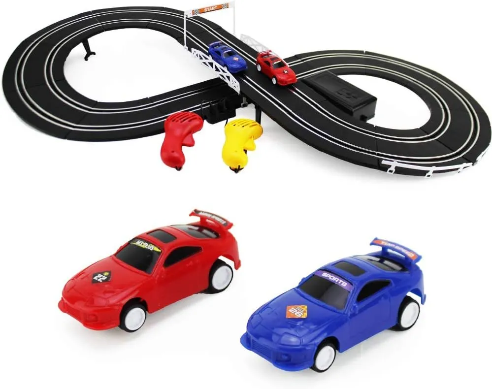 Boley Slot Car Racing Track Set - Build Your Own Electric Double-Rail Racing Track - 2 Cars and 2 Hand-Operated RC Controllers Included - Perfect for Birthday Gifts and Party Favors