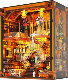 Book Nook Kit for Adults - DIY World Library Booknook, 3D Wooden Dollhouse Puzzle with LED Lights, Miniature Bookshelf Decor for Home Libraries