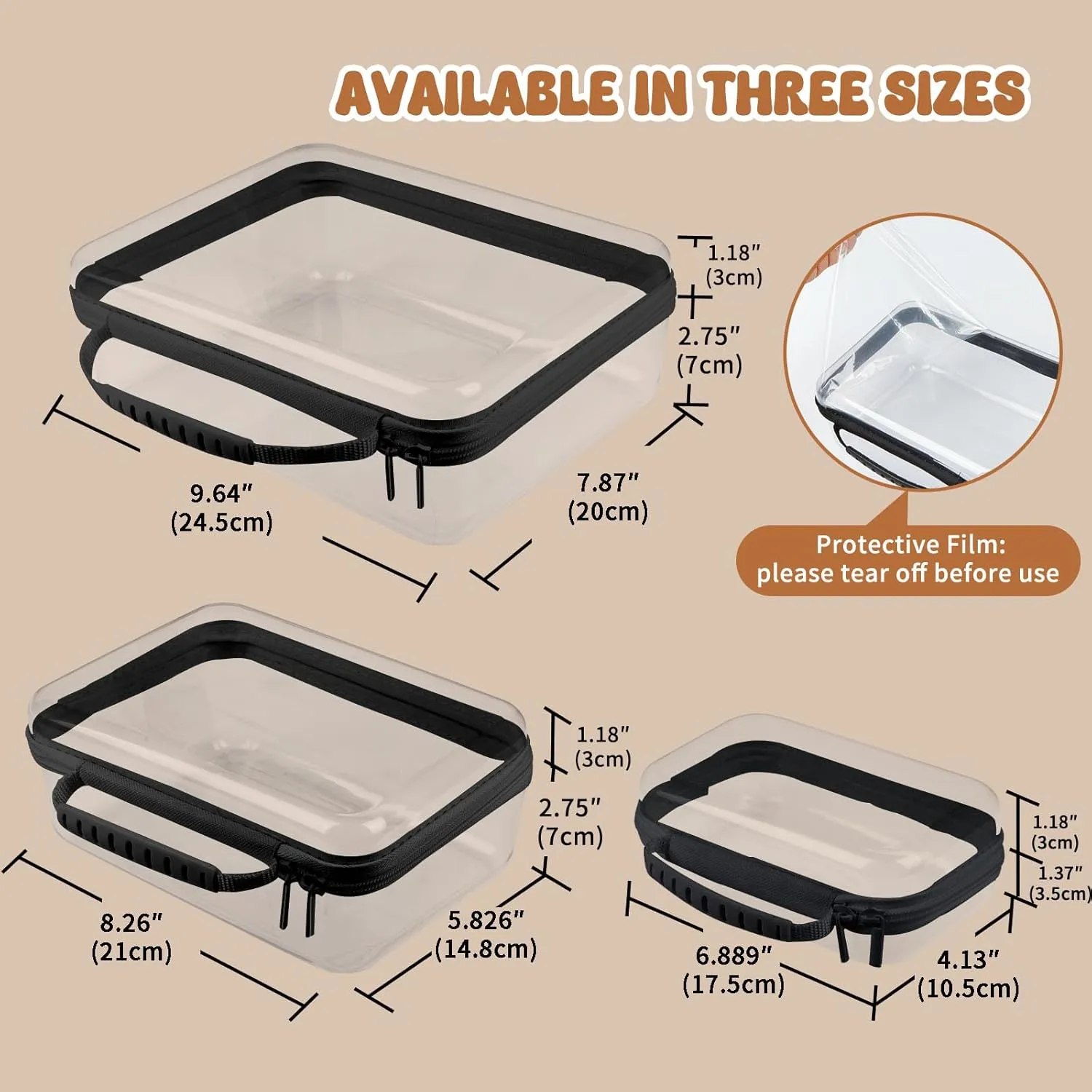 Bottom-Deepened 2.75''-3 Pack Clear Hard Shell Zipper Case L M S,Portable Zipper Bags Waterproof Cosmetics Bags,Organizer Pouch For Snacks,Toy,Diapers,Travel,Black