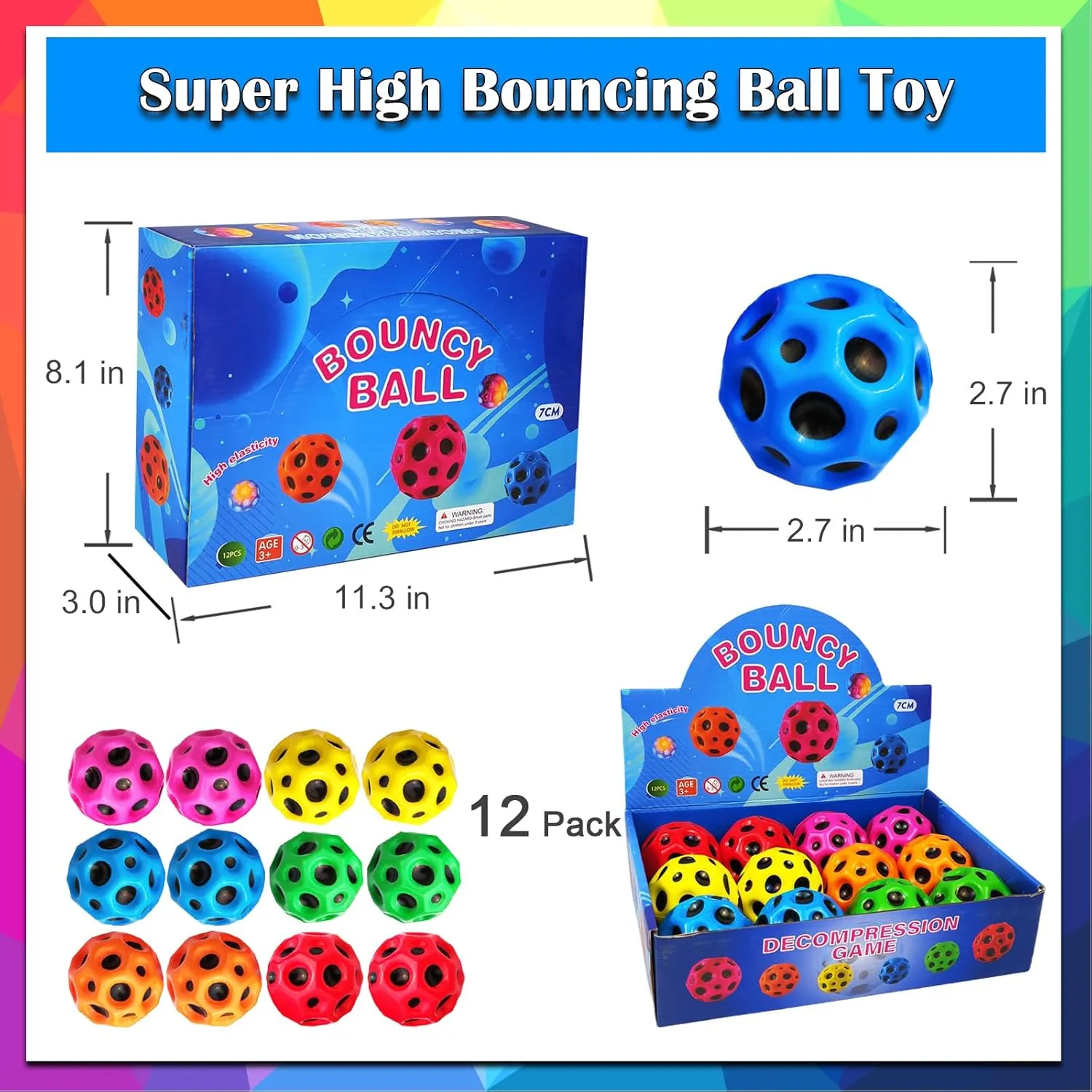 Bouncy Ball, Colorful Big Super Bouncy Astro Balls, Extreme High Bouncing Balls for Kids,Fun Kids Lightweight Foam Jump Balls for Outside, Improve Hand Eye Coordination Ability (12 Pack)