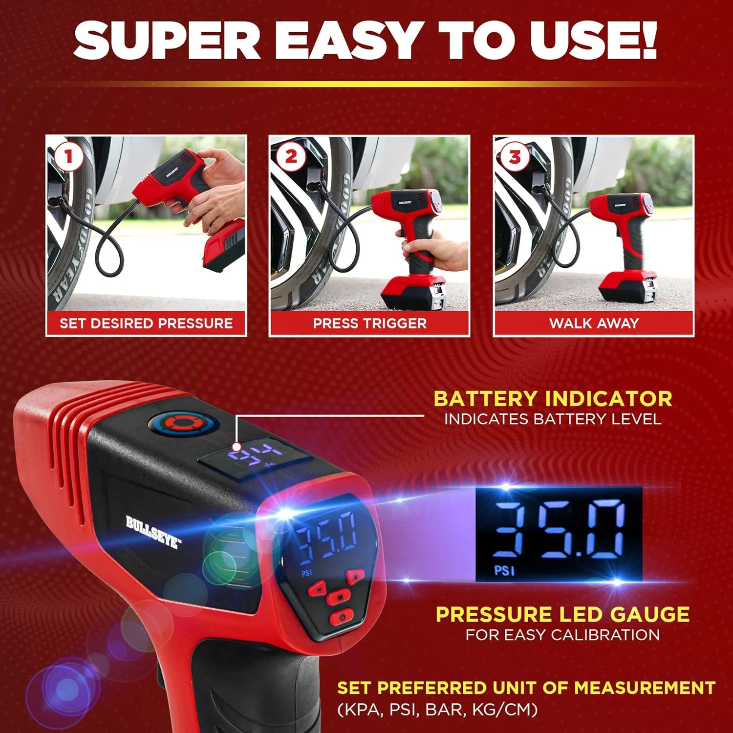 BULLSEYE PRO Tire Inflator with Pressure Gauge, Compact and Portable, Automatic Shut Off, 150 PSI Max, USB Home Rechargeable and Cord for Vehicular Use As Seen On TV (9475)