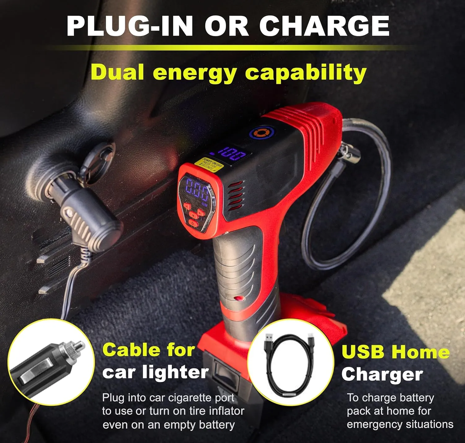 BULLSEYE PRO Tire Inflator with Pressure Gauge, Compact and Portable, Automatic Shut Off, 150 PSI Max, USB Home Rechargeable and Cord for Vehicular Use As Seen On TV (9475)